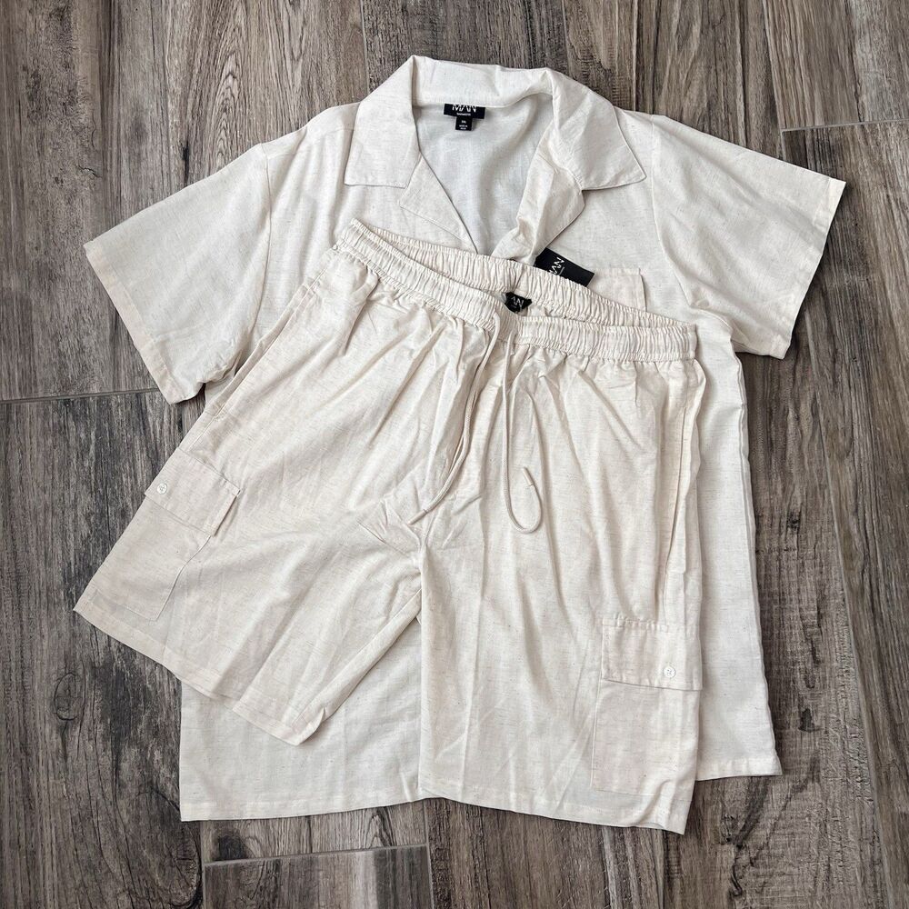 Boohoo Man Shirt & Shorts Set BEACH NATURAL Sz 2XL Button Down Shirt NWT #141